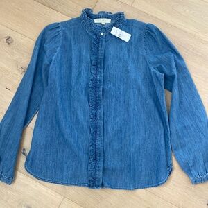 Ann Taylor Loft Denim Blouse With Ruffled Collar Size Small NWT